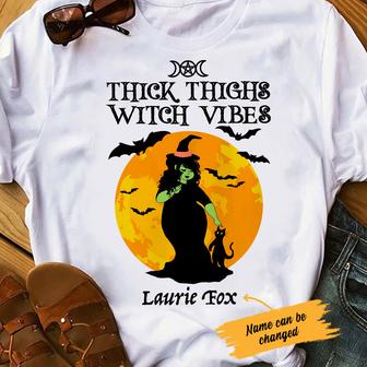Personalized Halloween Thick Thighs Witch Vibes White T Shirt - Thegiftio UK