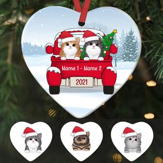 Personalized Cat Christmas Gift, Cats On Red Truck Heart Ornament - Thegiftio UK