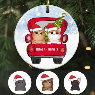 Personalized Cat Red Truck Christmas Circle Ornament - Thegiftio UK
