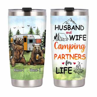 Personalized Couple Bear Husband Wife Camping Steel Tumbler - Thegiftio