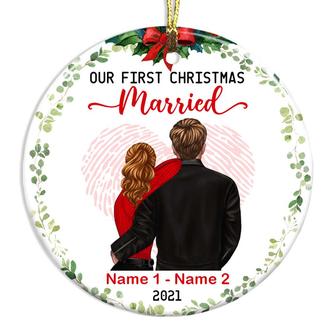Personalized Our First Christmas Ornament Engagement Gift, Couple Christmas Husband Wife Engaged Married Circle Ornament - Thegiftio