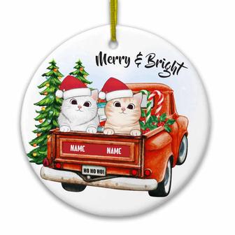 Personalized Cat Christmas Ornament, Cat Lovers Gifts, Christmas Cat Red Truck Circle Ornament - Thegiftio UK