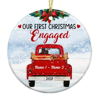 Personalized First Christmas Engagement Keepsake, Couple Red Truck Christmas Circle Ornament - Thegiftio UK