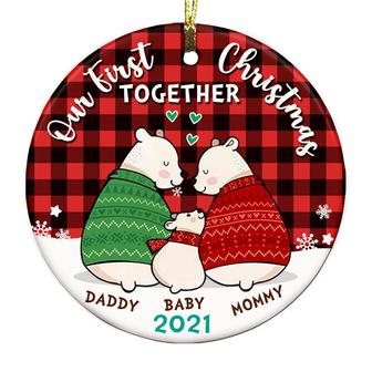 Personalized New Family Christmas Daddy Mommy Baby, Bear Family First Christmas Together Circle Ornament - Thegiftio