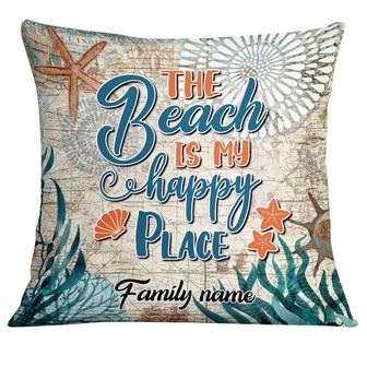 Personalized Beach Lovers Gift, The Beach Is My Happy Place Pillow - Thegiftio
