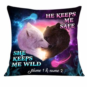 Personalized Couple Love Wolf Gifts, He Keeps Me Wild She Keeps Me Safe Pillow - Thegiftio
