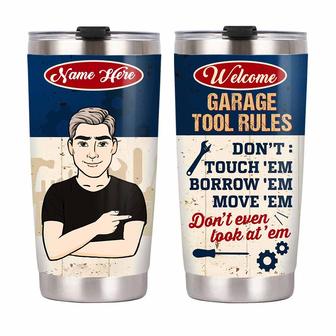 Personalized Dad Grandpa Garage Tool Rules Steel Tumbler - Thegiftio