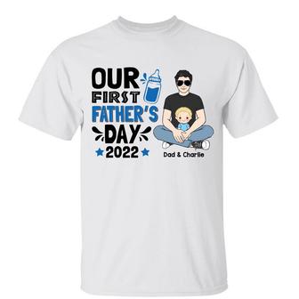 Our First Father's Day Man Sitting With Baby Custom T-Shirt - Thegiftio UK