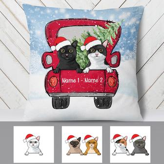 Personalized Gift For Cat Lover, Cat Christmas On Red Truck Pillow - Thegiftio