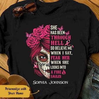 Personalized Skull Girl Breast Cancer She Has Been Through Hell T Shirt - Thegiftio UK
