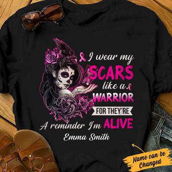 Personalized Skull Girl Breast Cancer I Wear Scars T Shirt - Thegiftio UK