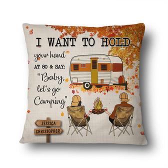 Fall Camping Young Couple Hold Your Hand At 80 Custom Pillow - Thegiftio UK