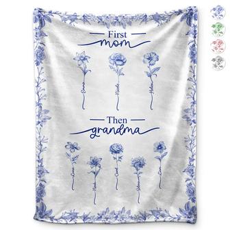 First Mom Then Grandma Birth Month Flower Chinoiserie Toile - Personalized Fleece Blanket, Sherpa Blanket - Thegiftio UK