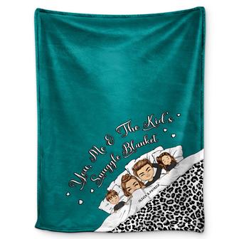 Couple Chibi You, Me & The Kids Snuggle Blanket - Gift For Family, Couple - Personalized Custom Fleece Blanket - Thegiftio UK