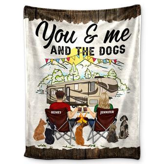 You & Me And The Dog Home Is Where - Gift For Camping Couples - Personalized Fleece Blanket - Thegiftio UK