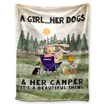 A Girl And Her Dogs Beautiful Thing - Gift For Camping Lovers - Personalized Fleece Blanket - Thegiftio UK