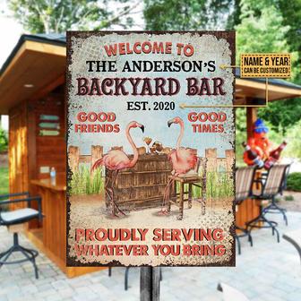 Personalized Flamingo Backyard Metal Sign - Gift for Friends - Thegiftio UK