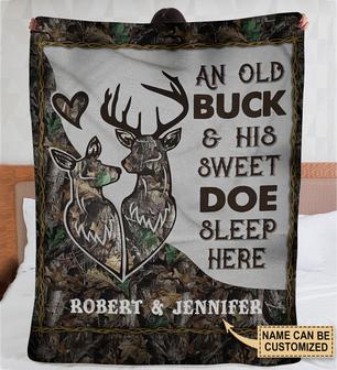 Personalized Deer Camo Couple Sleep Here Fleece Blanket - Thegiftio UK