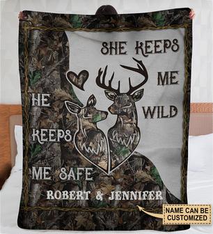 Personalized Deer Camo He Keeps Me Safe Fleece Blanket - Thegiftio UK