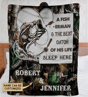 Personalized Fishing Camo Couple Sleep Here Fleece Blanket - Thegiftio UK