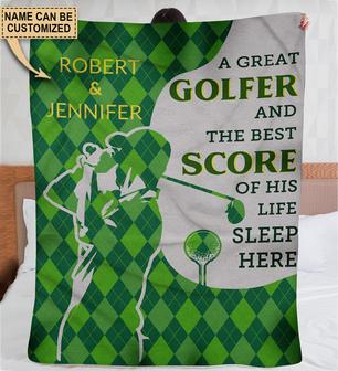 Personalized Golf Plaid Couple Sleep Here Fleece Blanket - Thegiftio UK