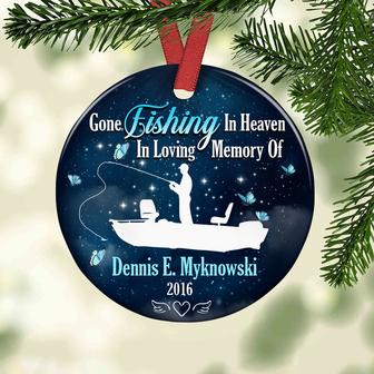 Personalized Dad Memorial Ornament, Loss Of A Loved One Bauble, Remembrance Gift, Gone Fishing In Heaven Memorial Dad Ornament - Thegiftio