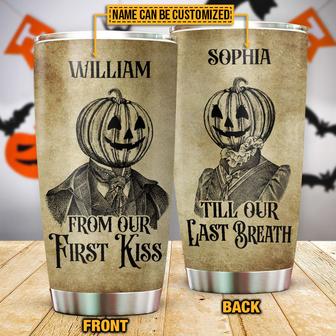 Skeleton Skull Pumpkin Couple First Kiss Custom Tumbler - Thegiftio UK