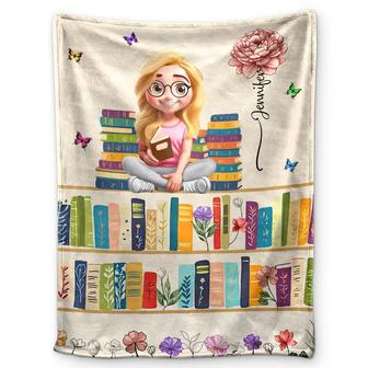 Vintage Bookself Reading Girl With Birth Month Flower - Personalized Fleece Blanket, Sherpa Blanket - Thegiftio UK