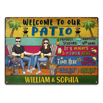 Grilling Couple Welcome To Our Patio Custom Metal Sign - Thegiftio UK