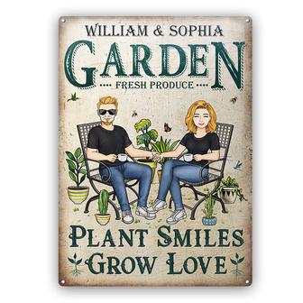 Gardening Couple Plant Smiles Grow Love Custom Metal Sign - Thegiftio UK