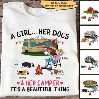 A Camping Girl And Her Dogs Personalized T-Shirt - Thegiftio UK