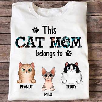 Cat Mom Belongs To Peeking Fluffy Cat Custom T-Shirt - Gift - Thegiftio UK