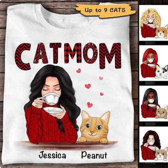 Cat Mom Red Patterned Smiling Cat Custom T-Shirt - For Mom - Thegiftio UK