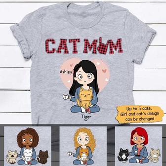 Cat Mom Red Plaid Chibi Girl Custom T-Shirt - Gift for Mom - Thegiftio UK