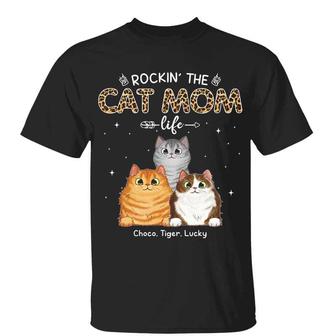 Cat Mom Peeking Fluffy Cats Leopard Custom T-Shirt - Thegiftio UK