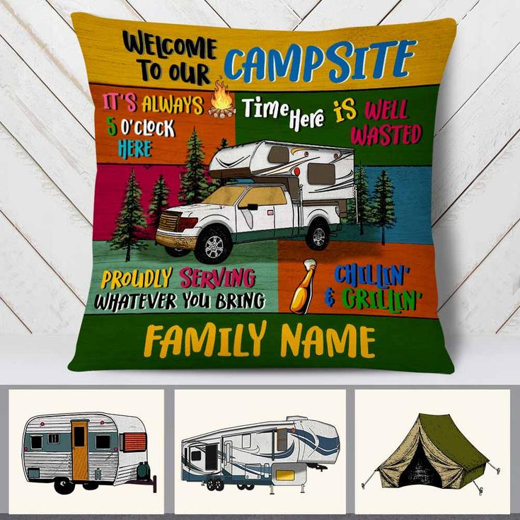 Personalized Camping Family Campsite Pillow