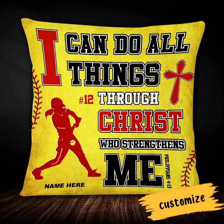 Personalized Softball Player Gifts, Gift for Softball Player, I Can Do All Things Through Christ Pillow