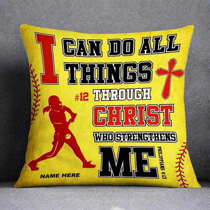 Personalized Softball Player Gifts, Gift for Softball Player, I Can Do All Things Through Christ Pillow