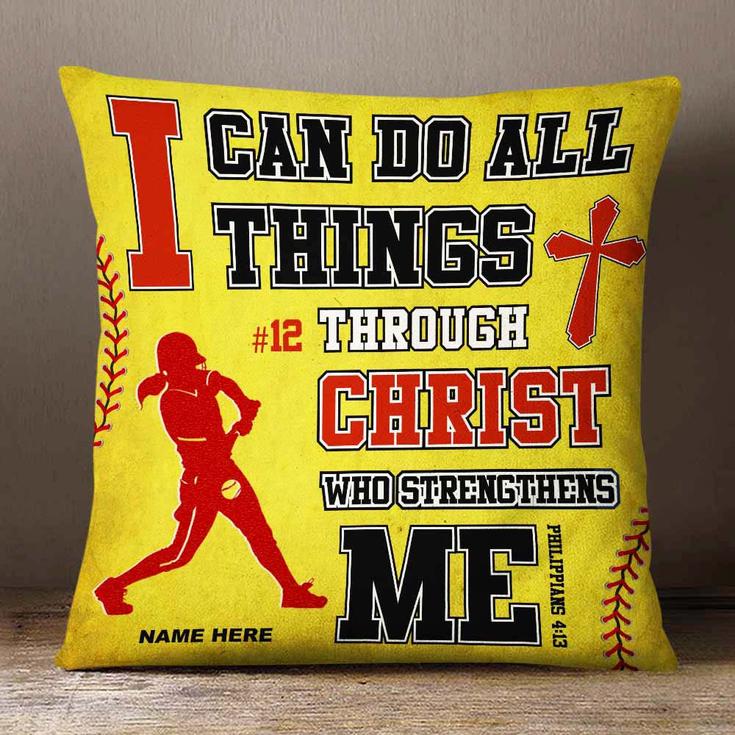 Personalized Softball Player Gifts, Gift for Softball Player, I Can Do All Things Through Christ Pillow