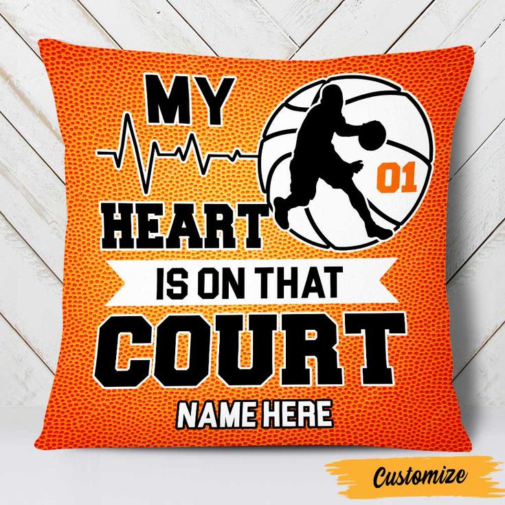 Personalised Basketball Gifts, Basketball Supporter, Basketball Player, My Heart Is On That Court Pillow