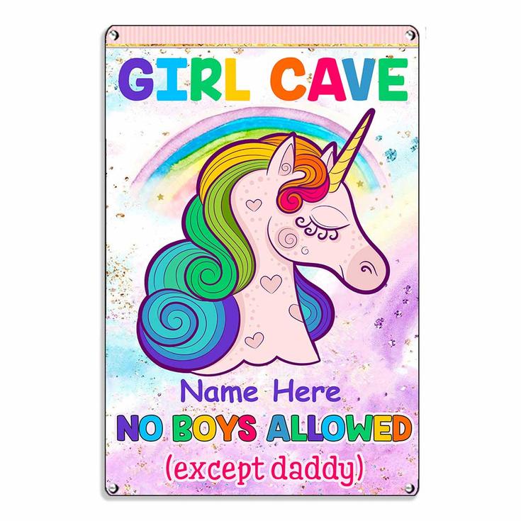 Personalized Girl Cave Daughter Granddaughter Unicorn Metal Sign