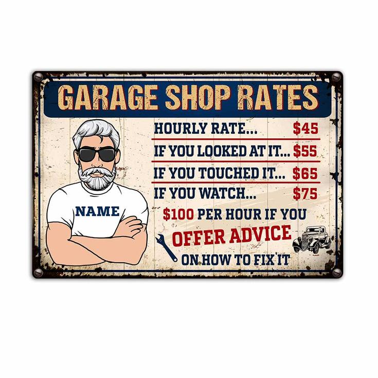 Personalized Gift For Mechanic, Garage Rates Metal Sign