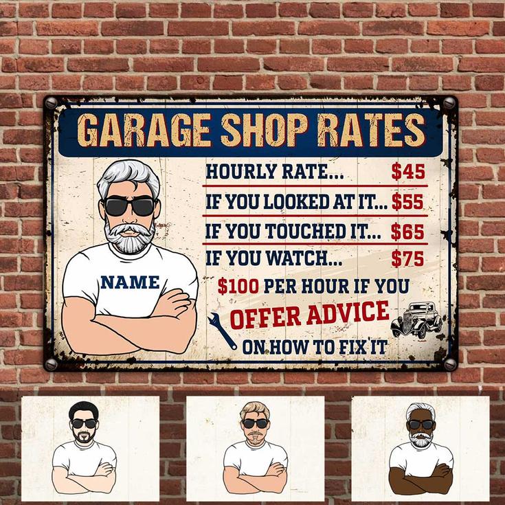 Personalized Gift For Mechanic, Garage Rates Metal Sign
