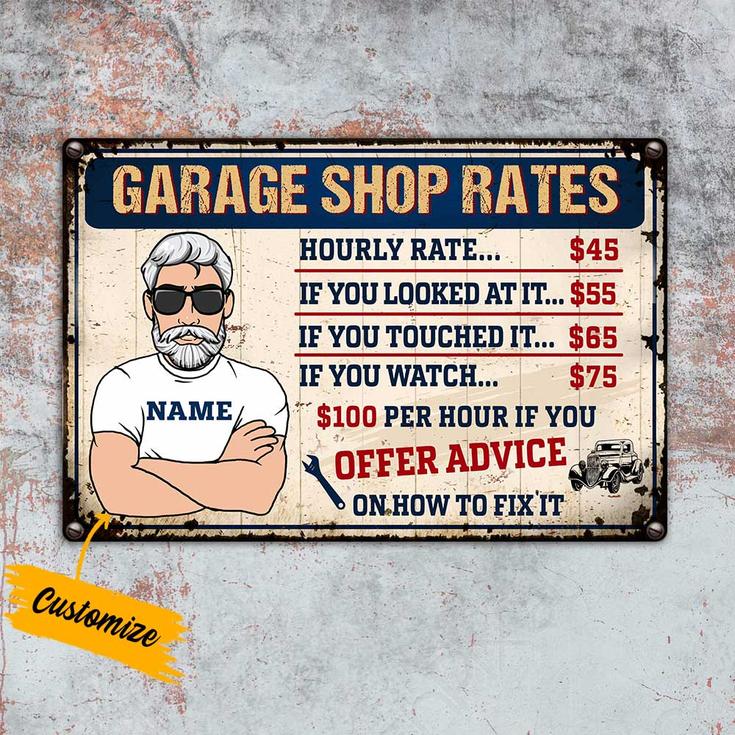 Personalized Gift For Mechanic, Garage Rates Metal Sign