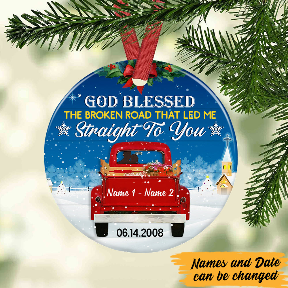 Personalized Christmas Anniversary Gift For Couple, Couple Red Truck Christmas Circle Ornament - Thegiftio UK
