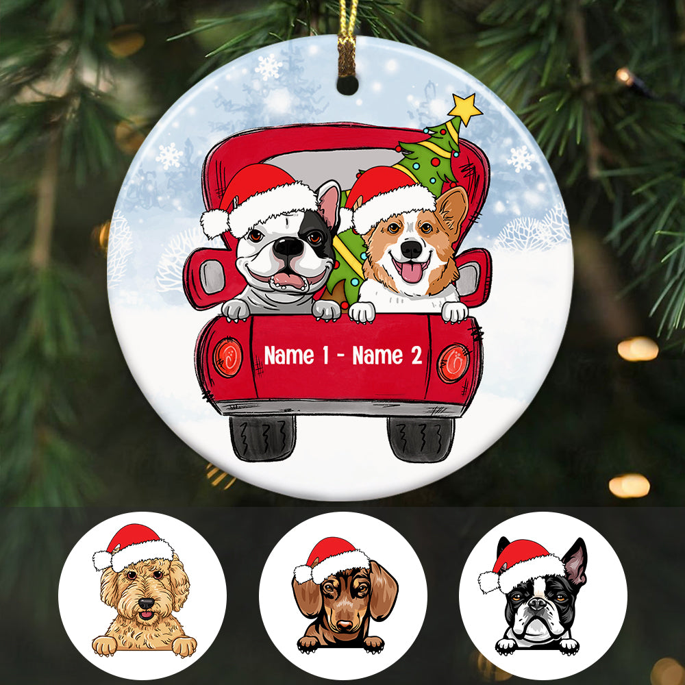 Personalized Dog Red Truck Christmas Circle Ornament