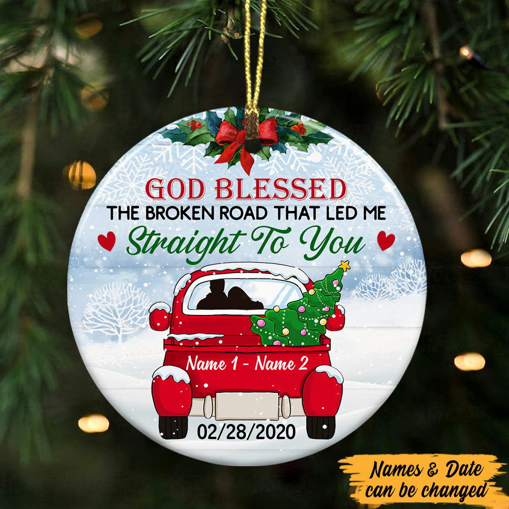 Personalized Anniversary gift, Christmas Gift For Husband, Wife, Couple Gift, Couple Red Truck Christmas Circle Ornament - Thegiftio UK