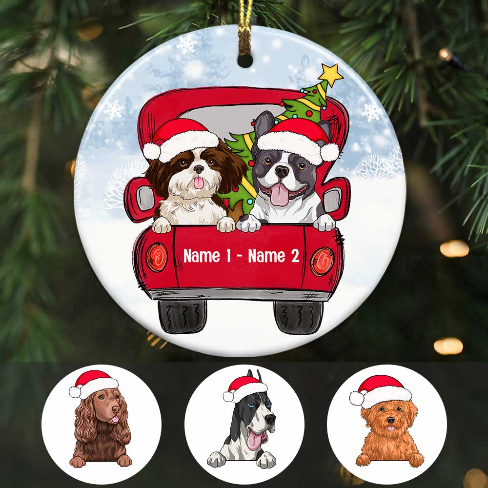 Personalized Christmas Pet Lover Gift, Merry Woofmas, Dog Red Truck Christmas Circle Ornament - Thegiftio UK