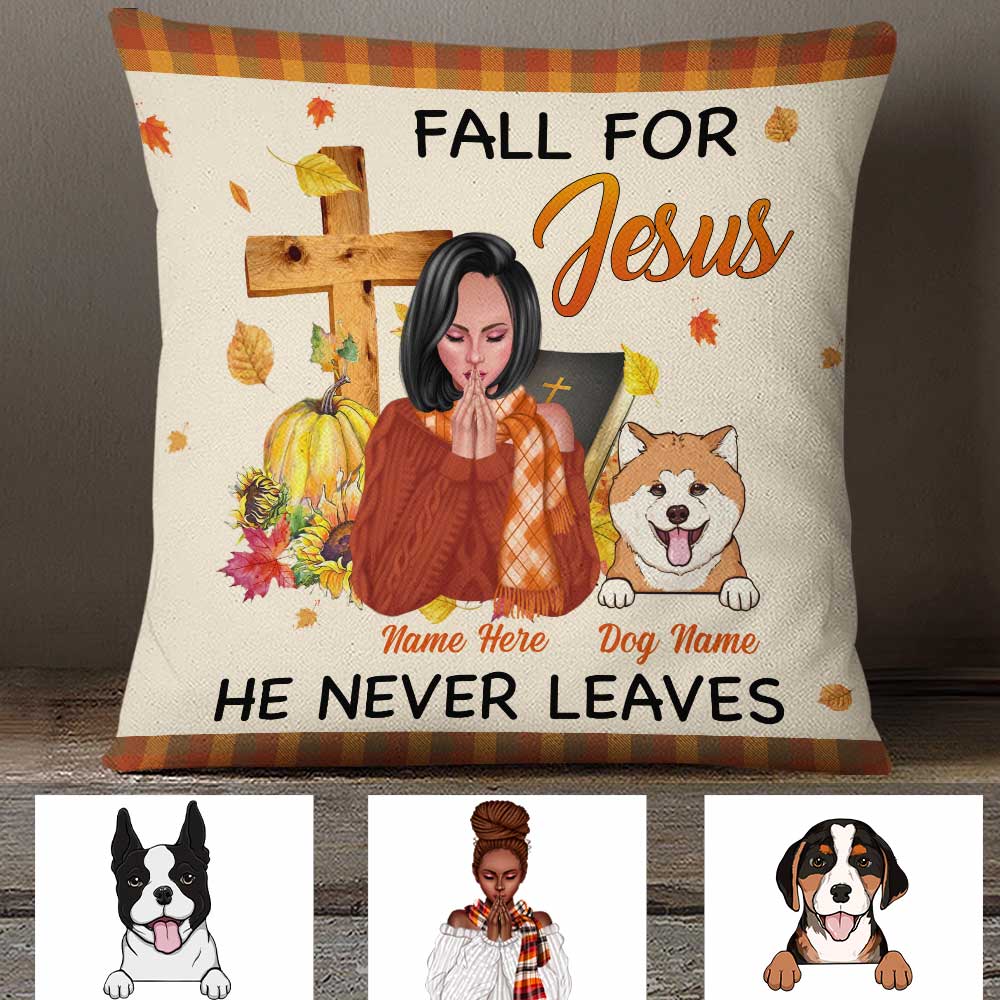 Personalized Thanksgiving Gift, Fall Gifts for Women, Dog Lovers, Dog Mom Jesus Fall Halloween Pillow 