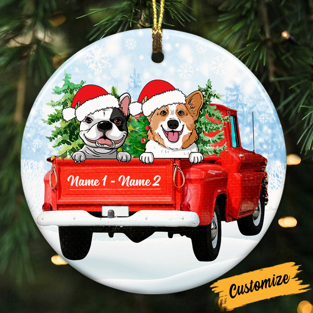 Personalized Dog Lovers Gifts, Dog Red Truck Christmas Circle Ornament - Thegiftio UK